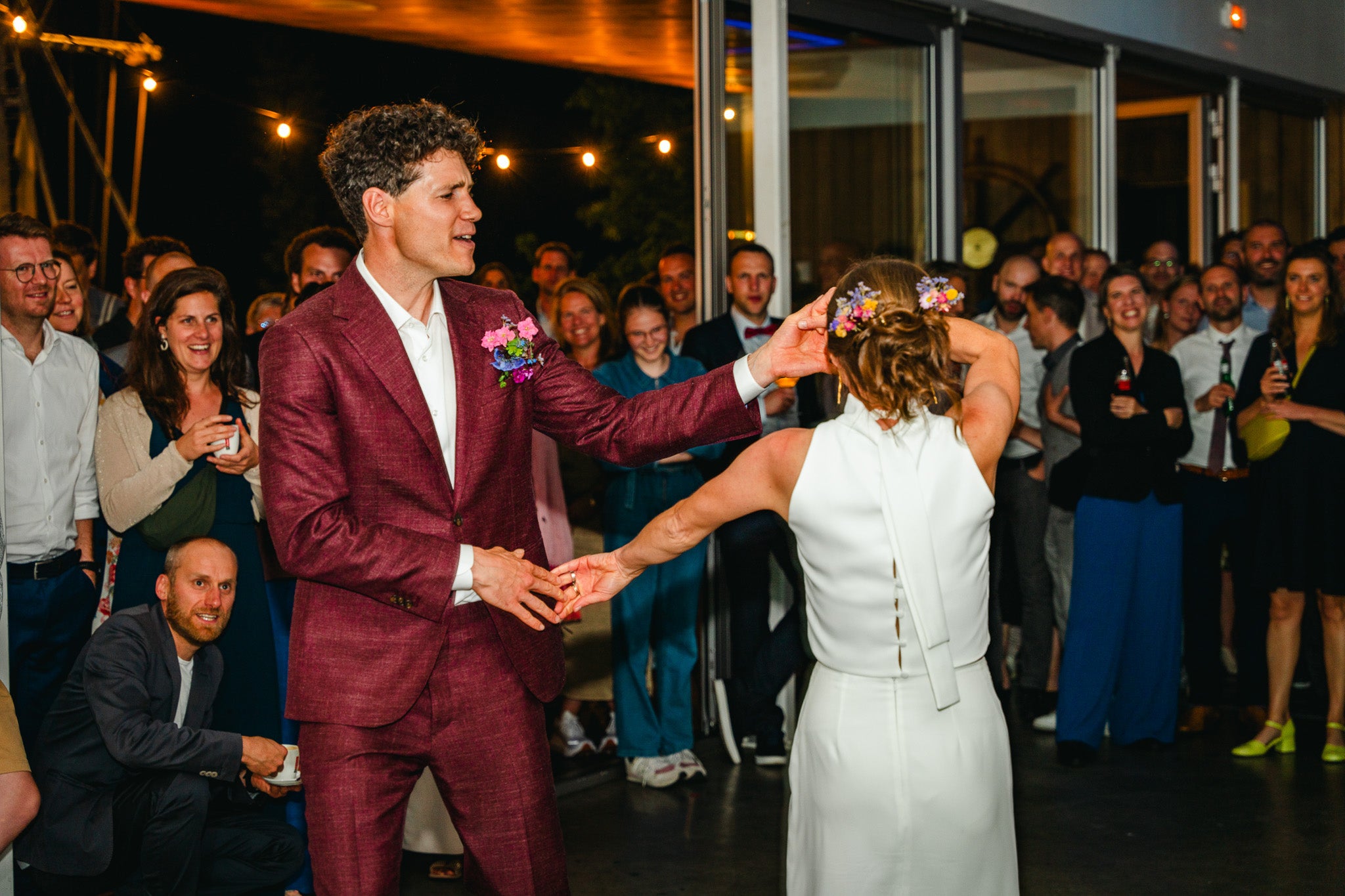 Burgundy suit groom wedding