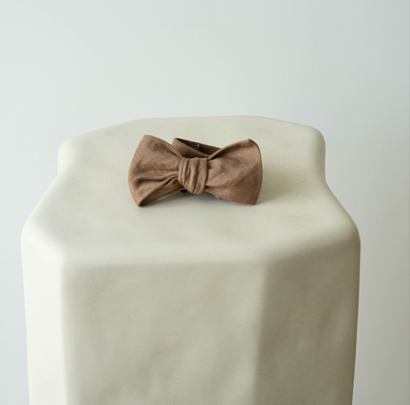 Brown bow on a beige cushion against a light gray background