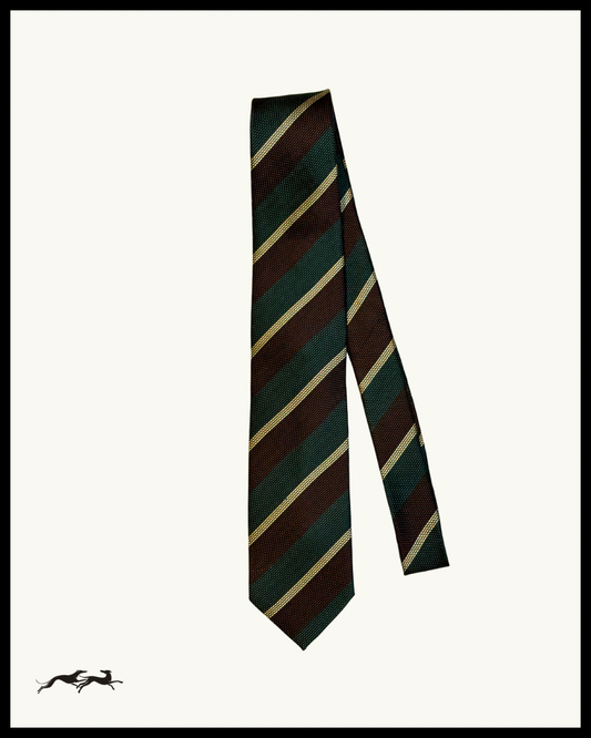 Dark Brown Silk Tie With Dark Green Stripes
